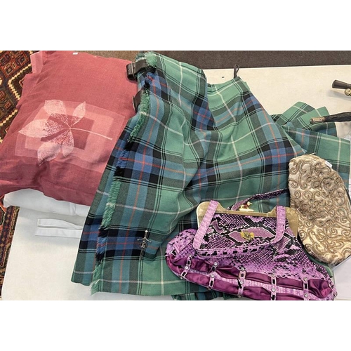 1483 - TARTAN KILT WITH KILT PIN, LYDC HANDBAG, CUSHIONS ETC