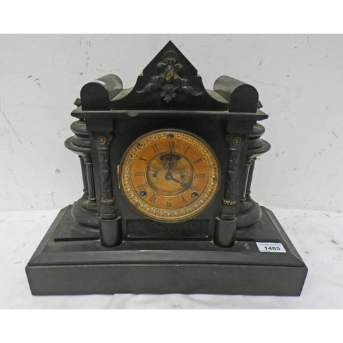 1485 - BLACK SLATE MANTLE CLOCK WITH GILT METAL DIAL, CORINTHIAN COLUMNS AND SHAPED TOP