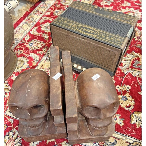 1486 - PAIR OF CARVED WOODEN SKULL BOOK ENDS AND A HOHNER SQUEEZE BOX - 2 -