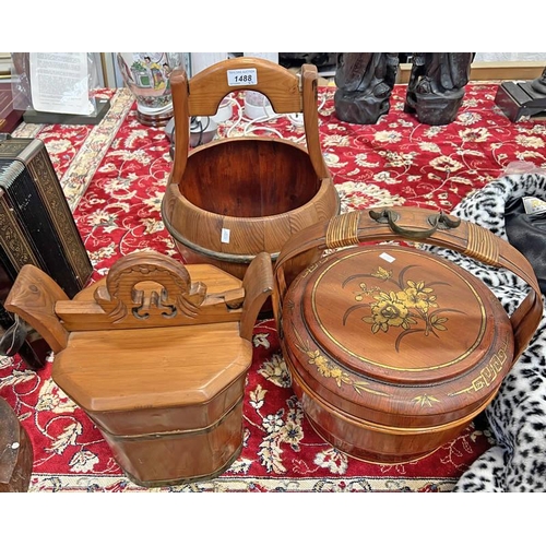 1488 - ORIENTAL WOODEN WATER BUCKET, METAL BOUND LIDDED CONTAINER AND A CHINESE RICE BUCKET  -3-