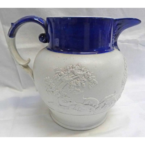 3117 - 19TH CENTURY STONEWARE JUG WITH BLUE GLAZED RIM & HUNTING SCENE DECORATION - 19CM TALL