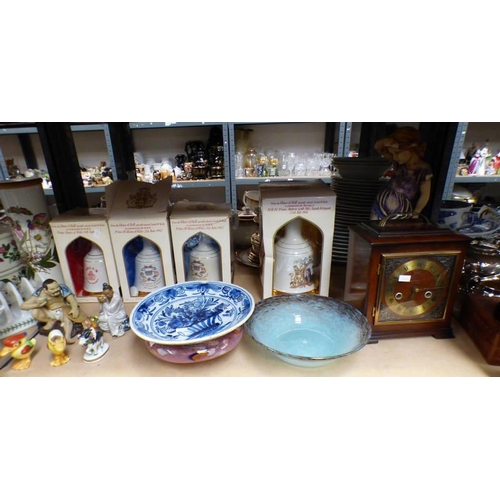 3118 - 2 PERTHSHIRE GLASS BOWLS , 4 CASED COMMEMORATIVE BELLS DECANTERS, VARIOUS ORIENTAL FIGURES, MAHOGANY... 