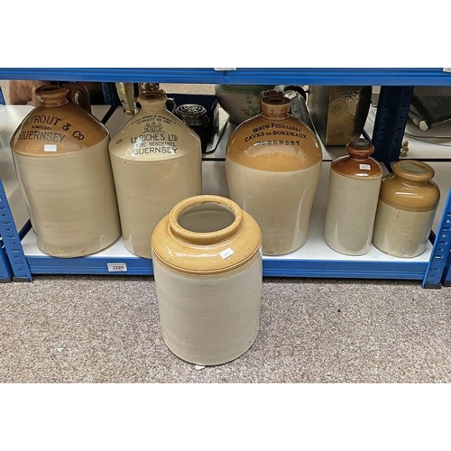 3 STONEWARE JARS MARKED GUERNSEY & 3 OTHERS ON 1 SHELF
