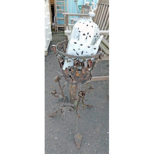 6068 - WROUGHT METAL PLANT STAND AND METAL LIGHT SHADE / LANTERN