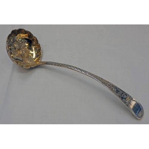 115 - 19TH CENTURY SCOTTISH PROVINCIAL SILVER CREAM LADLE WITH FRUIT EMBOSSED DECORATION BY ANDREW DAVIDSO... 