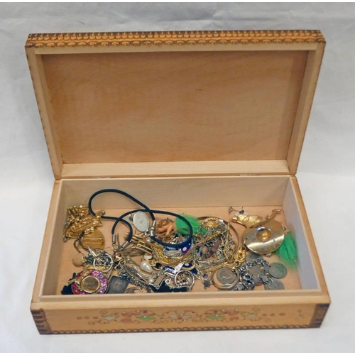 116 - DECORATIVE WOODEN BOX & CONTENTS INCLUDING SILVER BANGLE, ETC