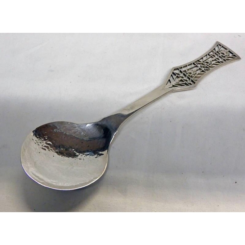 117 - ARTS & CRAFTS SILVER SERVING SPOON WITH HAMMER EFFECT DECORATION & PIERCE WORK HANDLE BY ROUND & SON... 