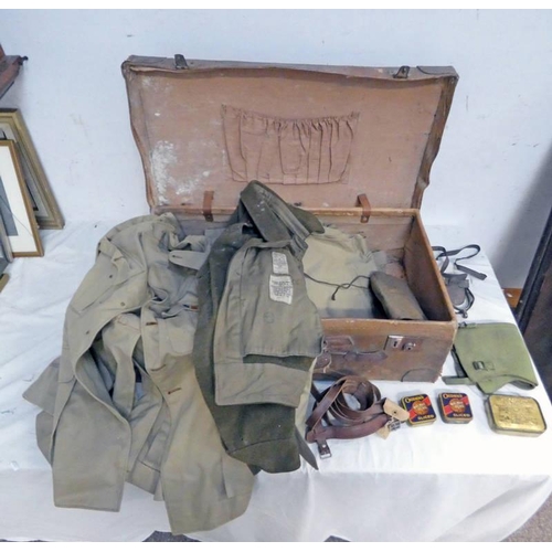 1478 - LEATHER SUITCASE WITH CONTENTS OF WW2 UNIFORM TO INCLUDE GREEN CANVAS WD GAITORS, WEBBING STRAP MARK... 