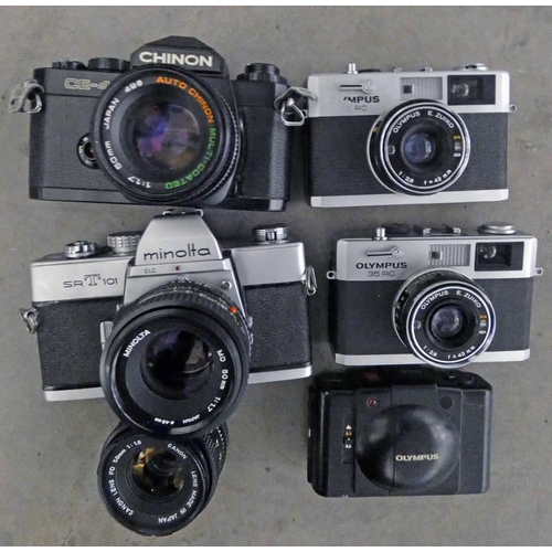 1494 - CHINON CE-4 WITH CHINON 1:1.7 50MM LENS, MINOLTA SRT 101 WITH MINOLTA MD 1:1.7 50MM LENS, PAIR OF OL... 