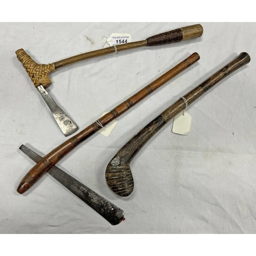 1544 - THREE TRIBAL AXES WITH METAL HEADS ON WOODEN SHAFTS  -3-