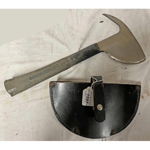 1597 - BRISTOL UNIFORMS, THE ''BRISTOL'' AXE WITH RUBBER HANDLE AND LEATHER SHEATH