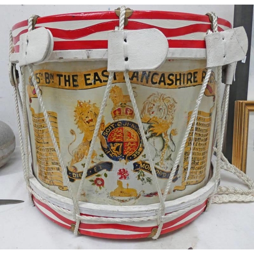 1620 - MID 20TH CENTURY EAST LANCASHIRE REGIMENT TENOR DRUM WITH PAINTED CREST & BATTLE HONOURS 49CM WIDE X... 