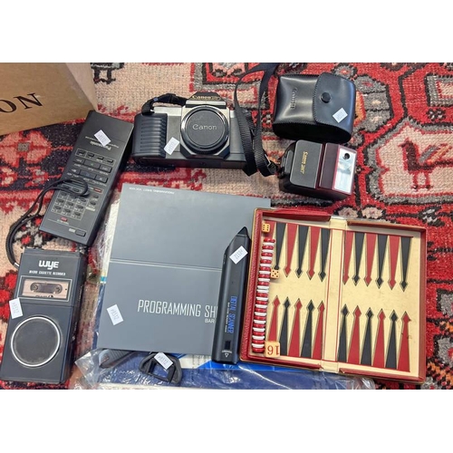 1674 - CANON T50 CAMERA, CANON 244T FLASH, WYE MICRO CASSETTE RECORDER ETC