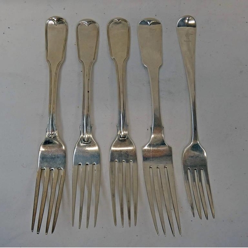 235 - 2 GEORGE III IRISH SILVER TABLE FORK DUBLIN 1782 & 1796, 3 OTHER SILVER TABLE FORKS : DUBLIN 1825, 1... 