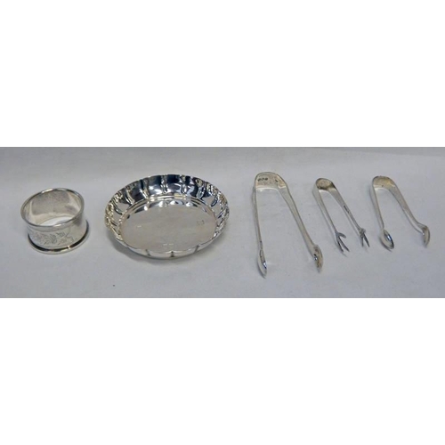 236 - SILVER DISH, 3 SILVER SUGAR TONGS & SILVER NAPKIN RING - 115G TOTAL