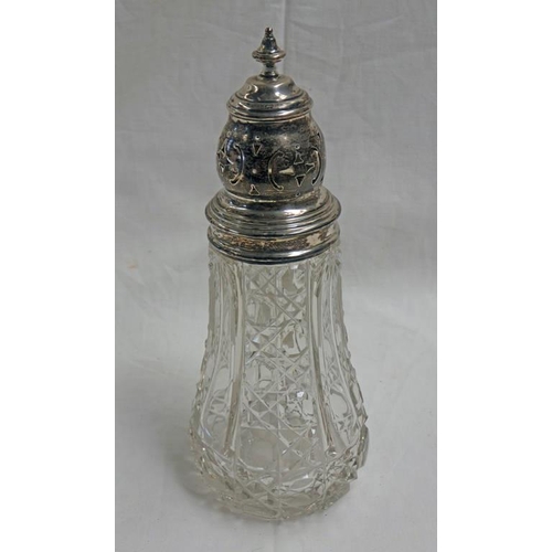 245 - CUT GLASS SUGAR CASTER WITH SILVER PIERCED WORK TOP CHESTER 1910