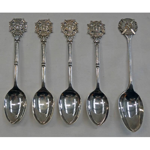 297 - SILVER TEASPOON - LONDON SCOTTISH CREST & SET OF 4 SILVER TEASPOONS - SOCIETY OF MINIATURE RIFLE CLU... 