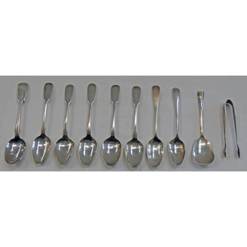 303 - 8 SILVER TEASPOONS, SILVER JAM SPOON & PAIR OF SILVER SUGAR TONGS - 135G TOTAL