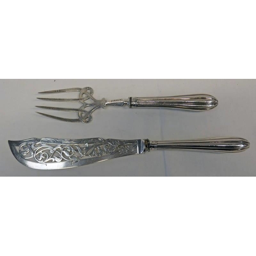 337 - PAIR OF VICTORIAN SILVER FISH SERVERS WITH PIERCED & ENGRAVED DECORATION, SHEFFIELD 1852