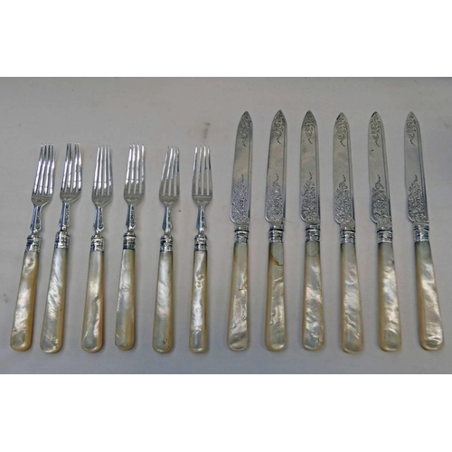 340 - SET 6 SILVER DESSERT FORKS & MATCHING KNIVES WITH ENGRAVED DECORATION AND MOTHER OF PEARL HANDLES, S... 