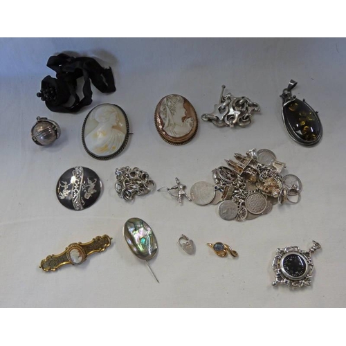 344 - SILVER CHARM BRACELET, CAMEO BROOCHES, VICTORIAN BROOCH ETC