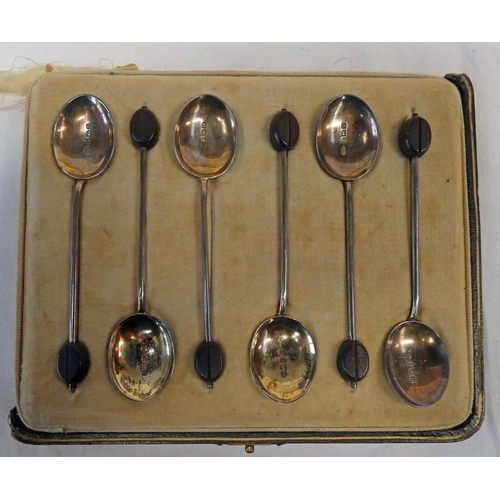 378 - CASED SET OF 6 SILVER & BLUE ENAMEL COFFEE SPOONS, BIRMINGHAM 1928