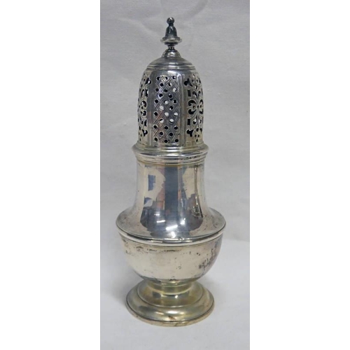 394 - GEORGE II SILVER BALUSTER SUGAR CASTER BY SAMUEL WOODS, LONDON 1748 - 16.5CM TALL, 170G