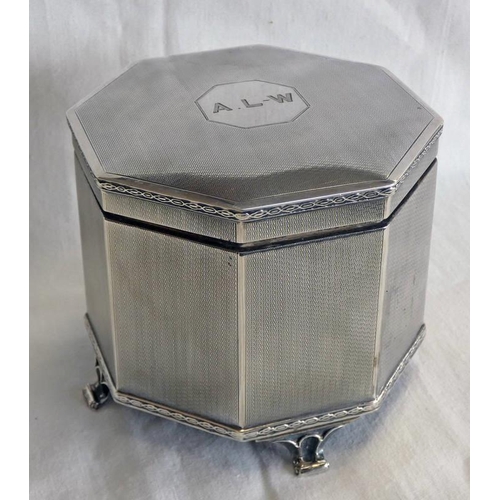 398 - SILVER ENGINE TURNED OCTAGONAL 4 - SECTION JEWELLERY BOX ON 4 SCROLL SUPPORTS, CHESTER 1925 - 9 CM T... 