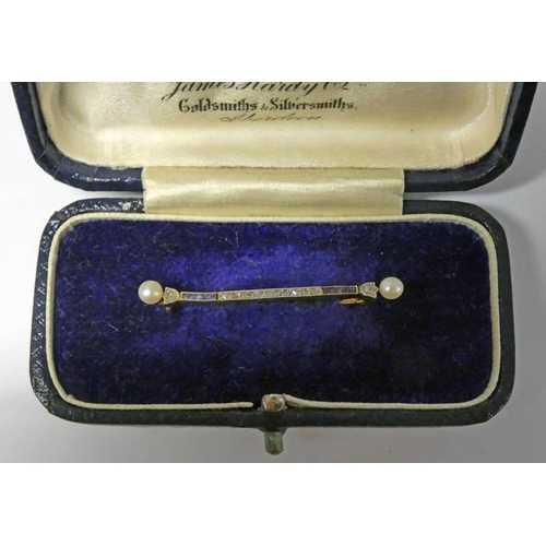 408 - EARLY 20TH CENTURY SAPPHIRE, ROSE CUT DIAMOND & PEARL SET BAR BROOCH - 4CM LONG