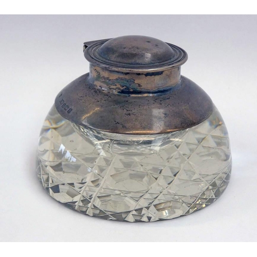 410 - CUT GLASS INKWELL WITH SILVER TOP, BIRMINGHAM 1908