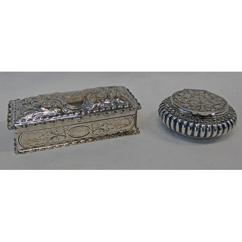 412 - VICTORIAN SILVER FOLIATE EMBOSSED OBLONG TRINKET BOX, BIRMINGHAM 1895 - 9CM LONG & INDIAN SILVER FLO... 