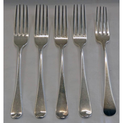 438 - 5 GEORGE II SILVER TABLE FORKS, LONDON 1776, 1811 & 1814 - 340G