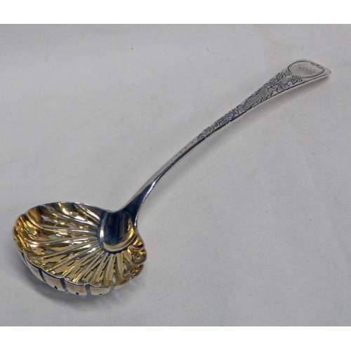 439 - VICTORIAN SILVER SIFTER LADLE WITH GILT PIERCED BOWL & FLORAL ENGRAVED HANDLE, LONDON 1839