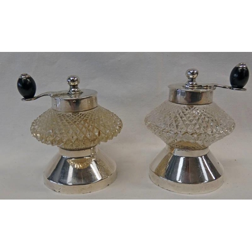 442 - MATCHED PAIR SILVER MOUNTED CUT GLASS PEPPER MILLS BY HUKIN & HEATH, LONDON 1887 & BIRMINGHAM 1894