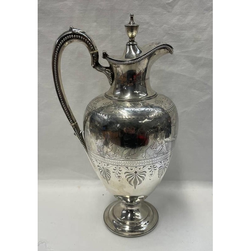 449 - VICTORIAN SILVER LIDDED EWER ENGRAVED WITH CLASSICAL FIGURES, PRESENTED TO WALTER STEWART ESQUIRE BY... 