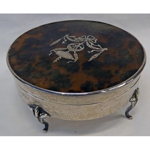 452 - SILVER TORTOISESHELL LIDDED CIRCULAR JEWELLERY BOX WITH PIQUE INLAID DECORATION ON 3 SHAPED SUPPORTS... 