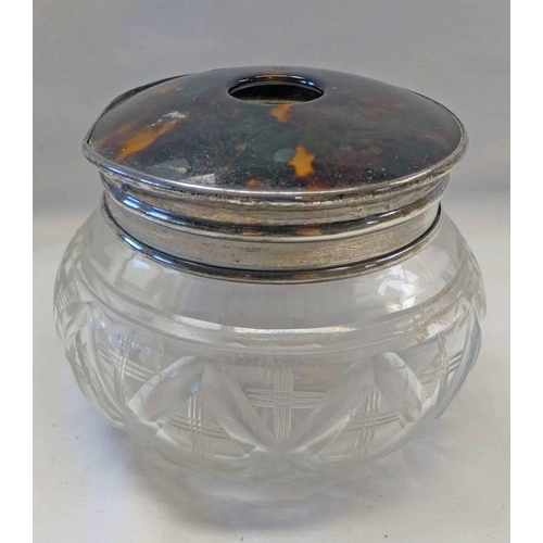 460 - SILVER & TORTOISESHELL LIDDED GLASS DRESSING TABLE JAR, BIRMINGHAM 1923