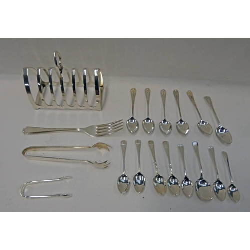 483 - 5 SILVER TEASPOONS AND PAIR SILVER SUGAR TONGS, SILVER PLATED TOAST RACK ETC - 65 G, WEIGHABLE SILVE... 