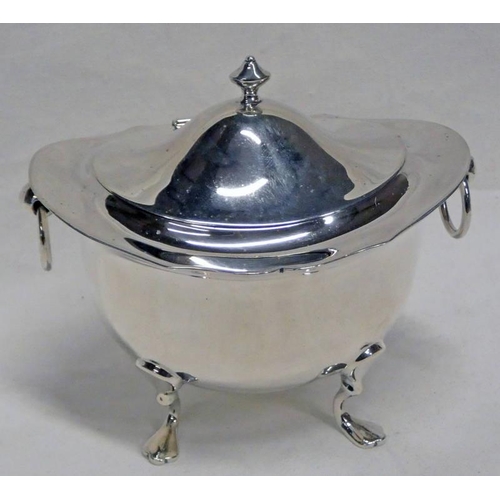 486 - SILVER OVAL LIDDED TEA CADDY WITH RING HANDLES ON PAW FEET - 165G