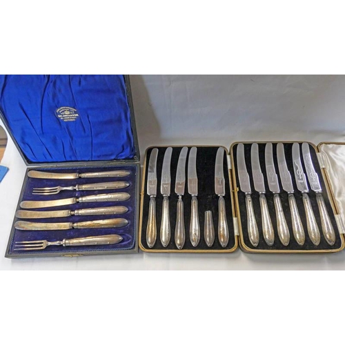 496 - CASED SET 6 SILVER HANDLED TEA KNIVES & 2 OTHER CASED SETS OF SILVER HANDLED CUTLERY