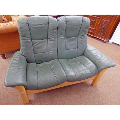 5050 - BEECH FRAMED GREEN LEATHER 2 SEATER SETTEE