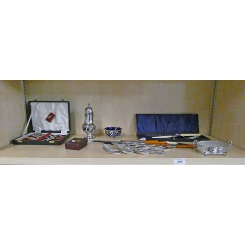 506 - SELECTION OF SILVER PLATED WARE INCLUDING CASED FLATWARE, SUGAR CASTOR ETC ON ONE SHELF