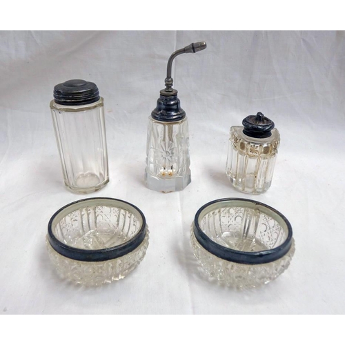 510 - 2 SILVER RIMMED CUT GLASS SALTS BIRMINGHAM 1906, CUT GLASS SCENT BOTTLE THE TOP MARKED STERLING SILV... 