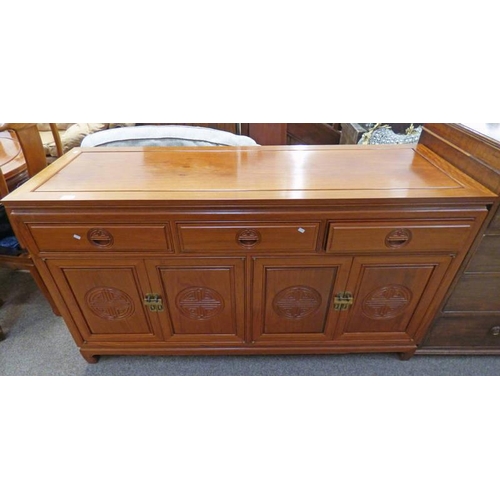 5206 - CHINESE HARDWOOD SIDEBOARD OF 3 DRAWERS OVER 4 PANEL DOORS  86CM TALL X 152 CM LONG