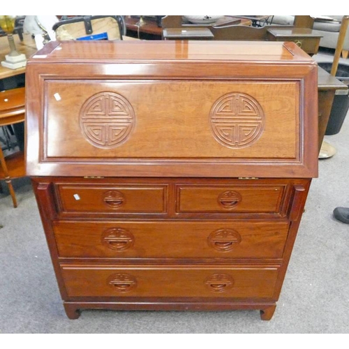 5209 - CHINESE HARDWOOD BUREAU WITH FALL FRONT OVER 2 SHORT AND 2 LONG DRAWERS 106 CM TALL X 91 CM WIDE