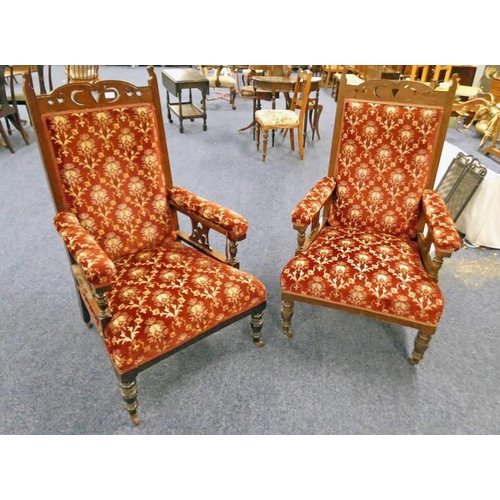 5211 - PAIR OF LATE 19TH CENTURY OAK FRAMED OPEN ARMCHAIRS ON TURNED SUPPORTS