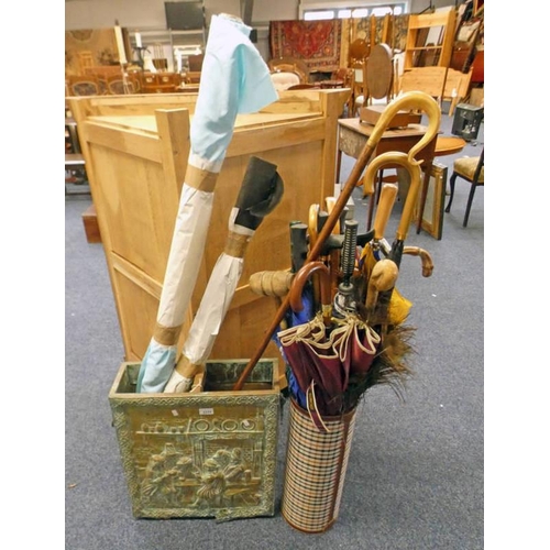 5225 - BRASS STICK STAND WITH EMBOSSED CLASSICAL SCENE & STICK STAND WITH CONTENTS OF VARIOUS WALKING STICK... 