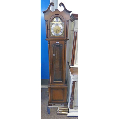 5227 - MAHOGANY LONG CASE CLOCK WITH BRASS AND SILVERED DIAL MARKED TEMPUS FUGIT  203 CM TALL