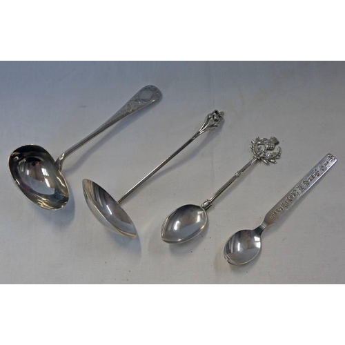 523 - IRISH SILVER SPOON BY MICHAEL HILLAR, DUBLIN 1979, SCOTTISH SILVER LADLE, SILVER TEASPOON WITH THIST... 