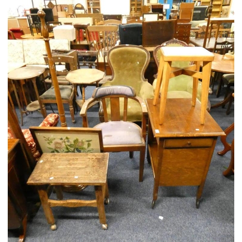 5242 - MAHOGANY FRAMED TUB CHAIR, OAK TROLLEY WITH DRAWER TO SIDE ETC